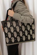 Fineur embroidered tote bag black PU leather paisley design