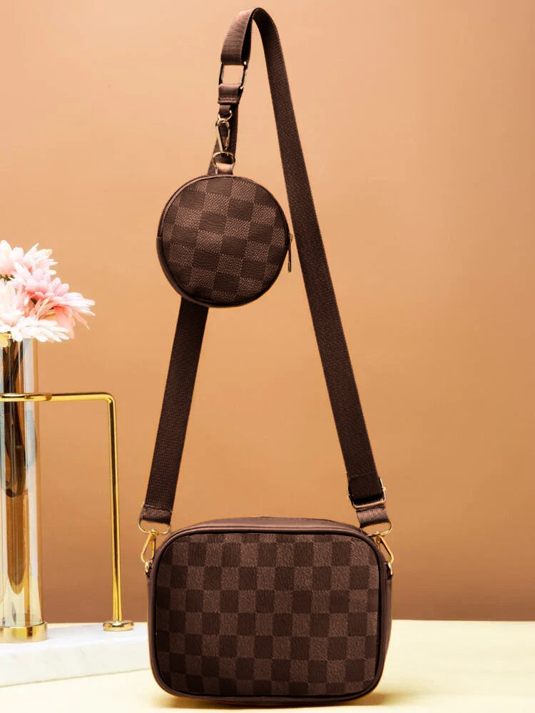 Checkered Coin Crossbody Bag ~ Brown