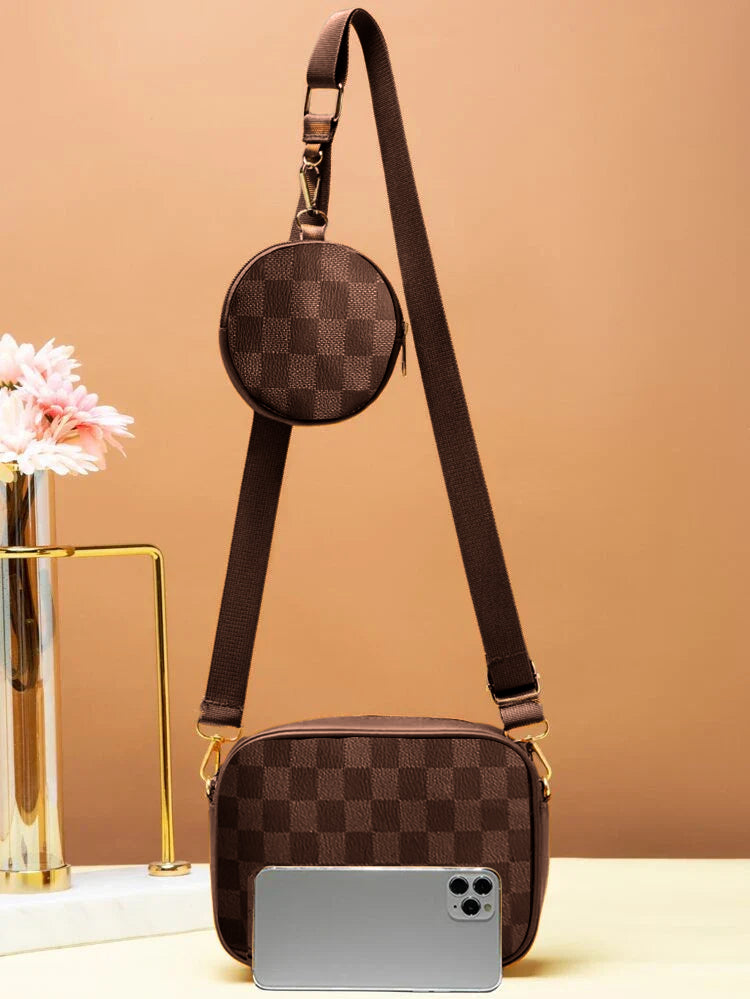 Checkered Coin Crossbody Bag ~ Brown