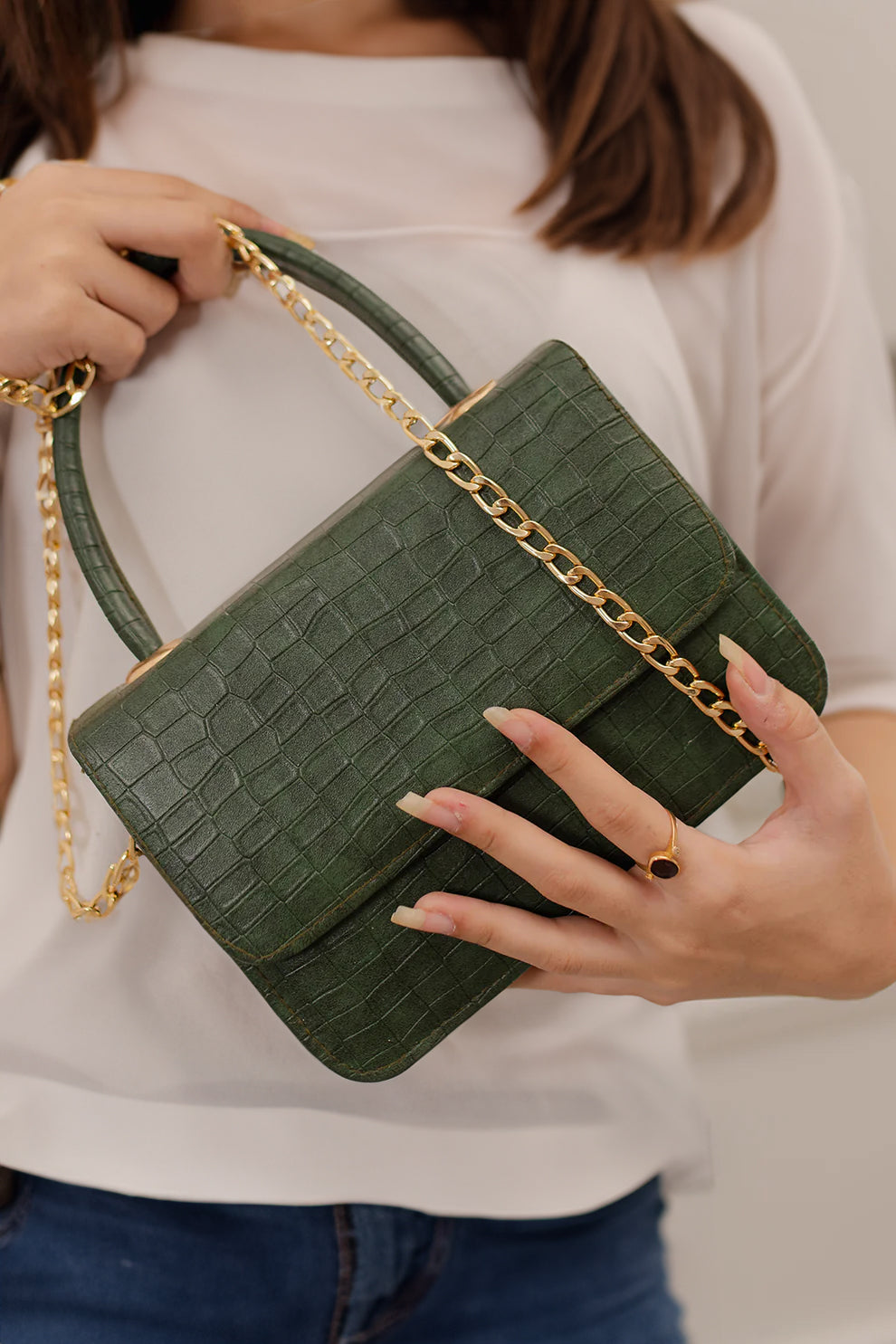 Fineur - Handbag Croco Shine Olive - Green