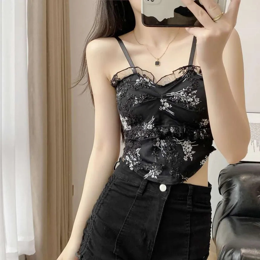 Florea -  Floral Asymmetrical Camisole Top - Black