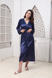 Florea - 5 PCS LONG SLIT SILK NIGHTY SET - Blue