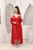 Florea - 5 PCS LONG SLIT SILK NIGHTY SET - Red