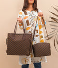 Fineur Duo Checkered Tote Bag and Crossbody Pouch Set - Brown Leather University Bag Pakistan